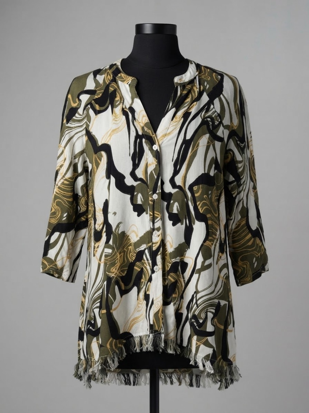 Cato Abstract Print Button-Down Tunic in Olive, Black & White